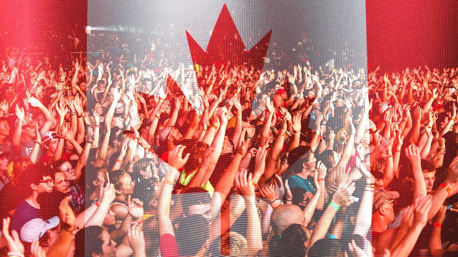 Canada woos entrepreneurs with visa program, US to follow? img showing Canadian flag superimposed over crowd of people with their hands up